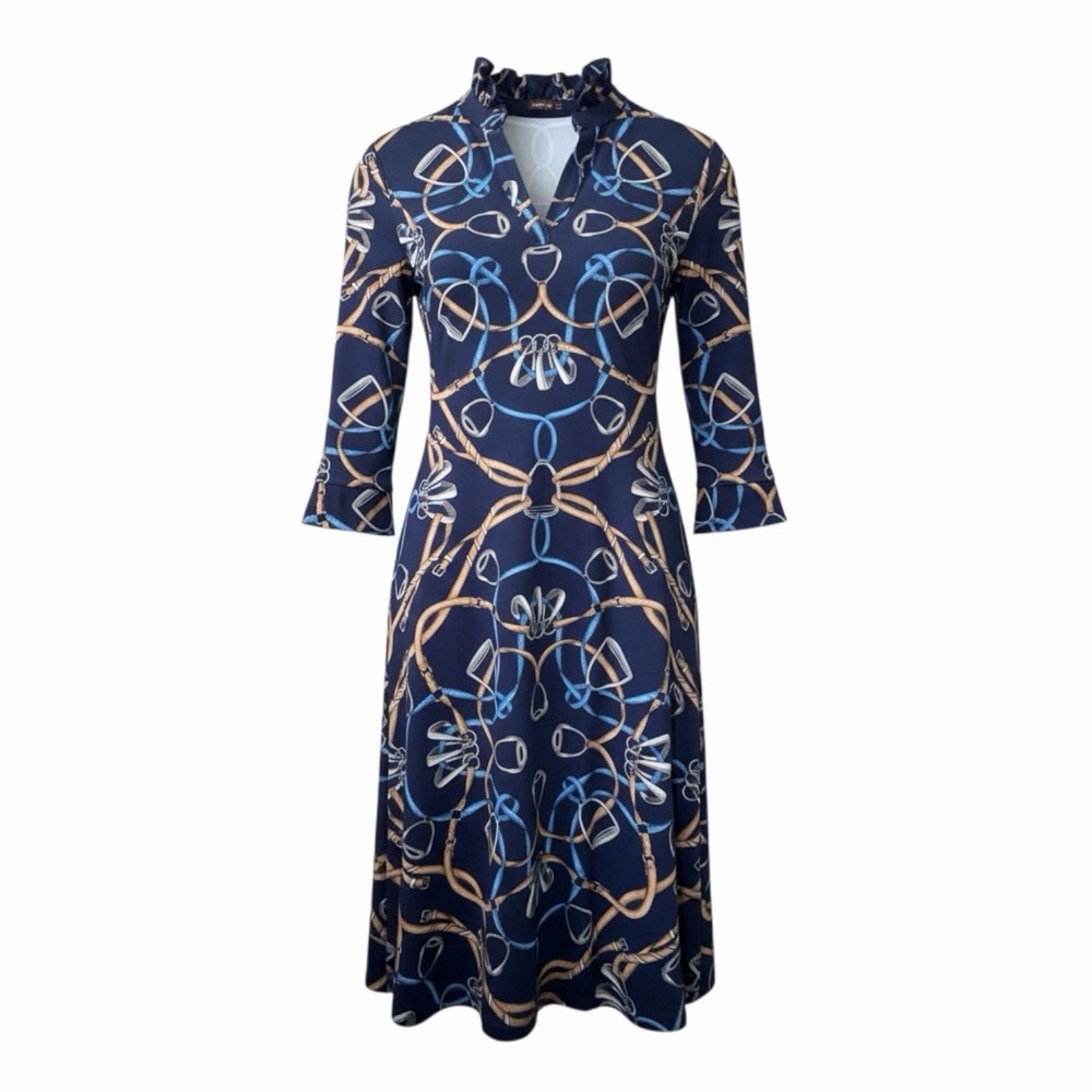 J. McLaughlin Catalina Carly Dress Size S Navy Blue Equestrian Print 3/4 Sleeve